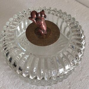 Vintage Glass Crystal Trinket Bowl w/Lid, Brass Dog Handle w/Copper Floral Plate